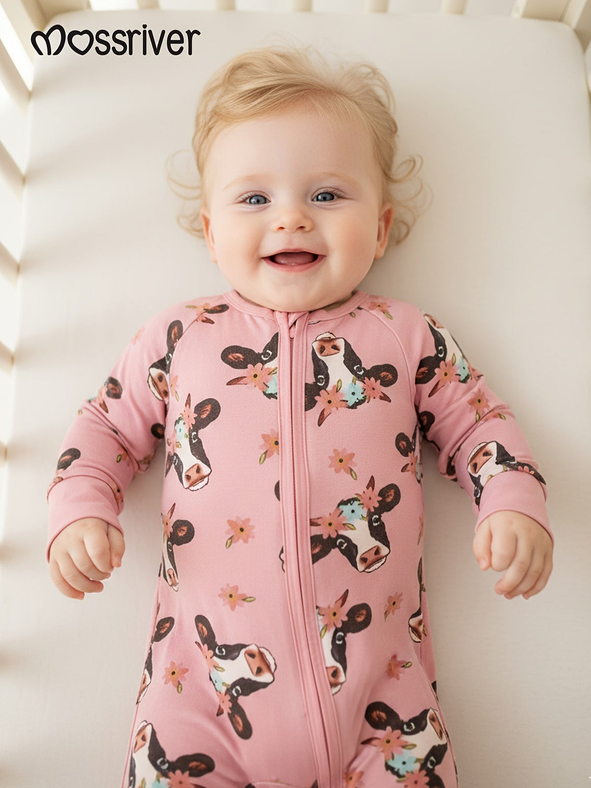 Baby Girl Cow Print Zip Romper in Pink with Floral Details and Long Sleeves for Everyday Changing