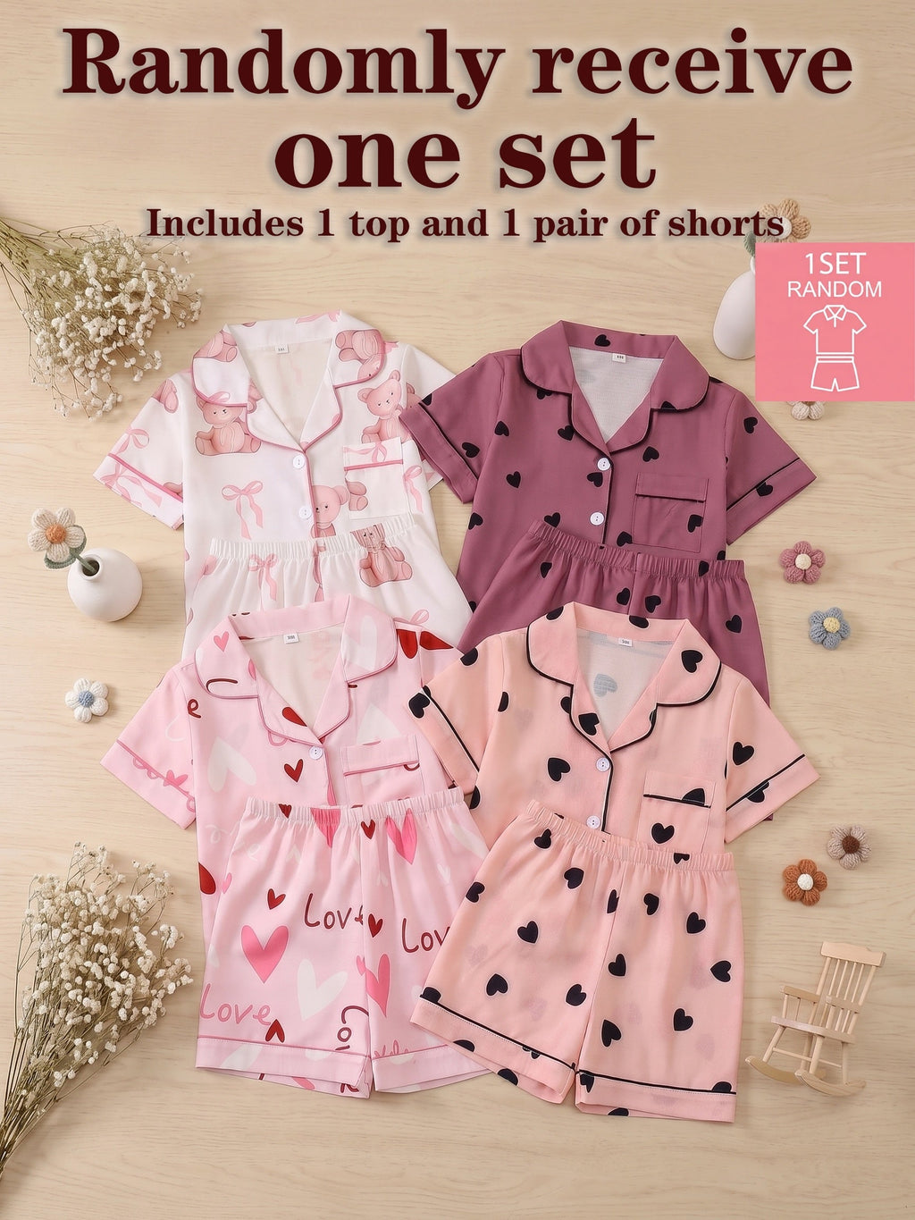 Girls' Short Sleeve Pajama Set with Button Front Shirt and Shorts in a Random Heart or Bear Print