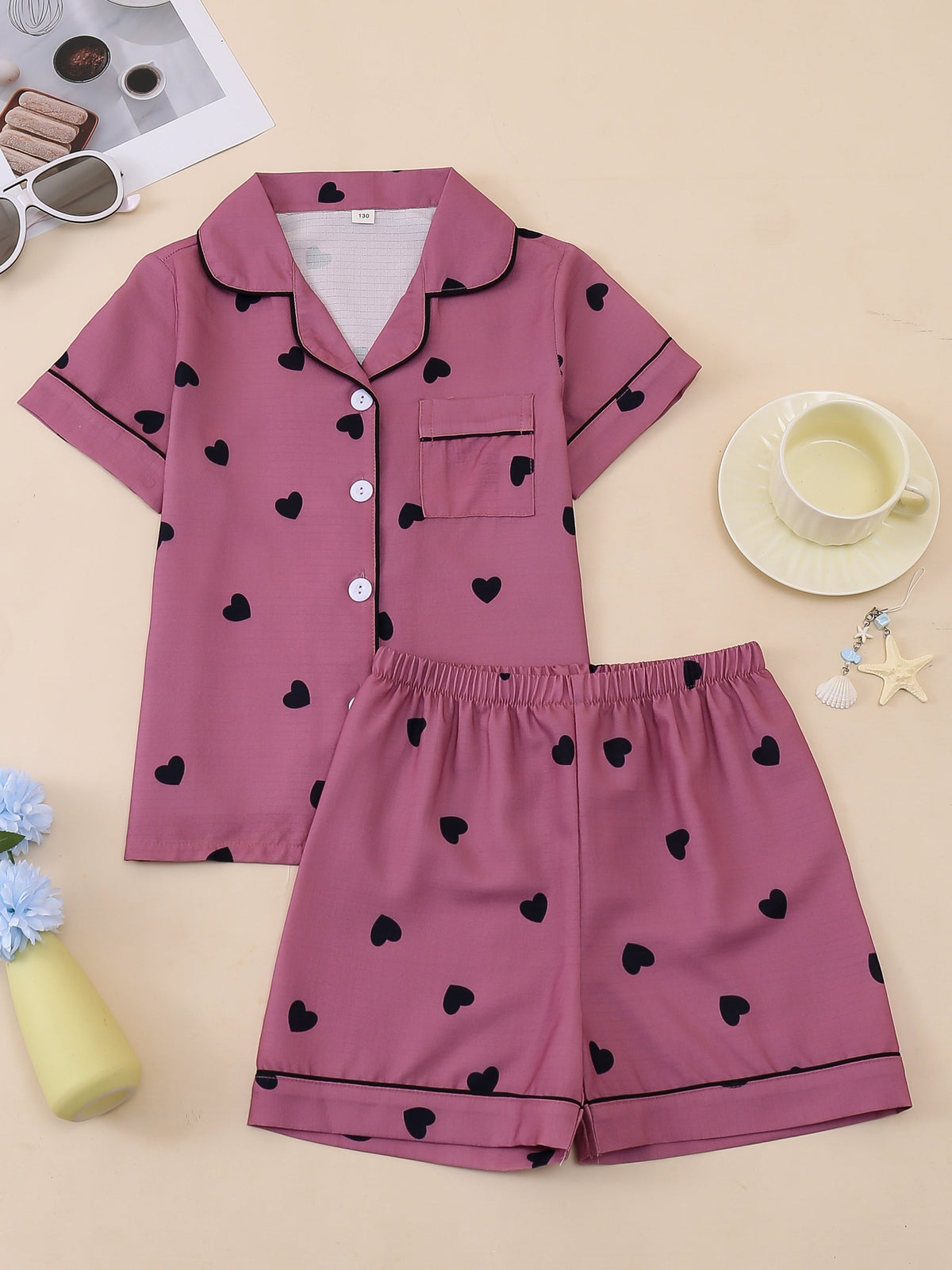 Girls' Short Sleeve Pajama Set with Button Front Shirt and Shorts in a Random Heart or Bear Print