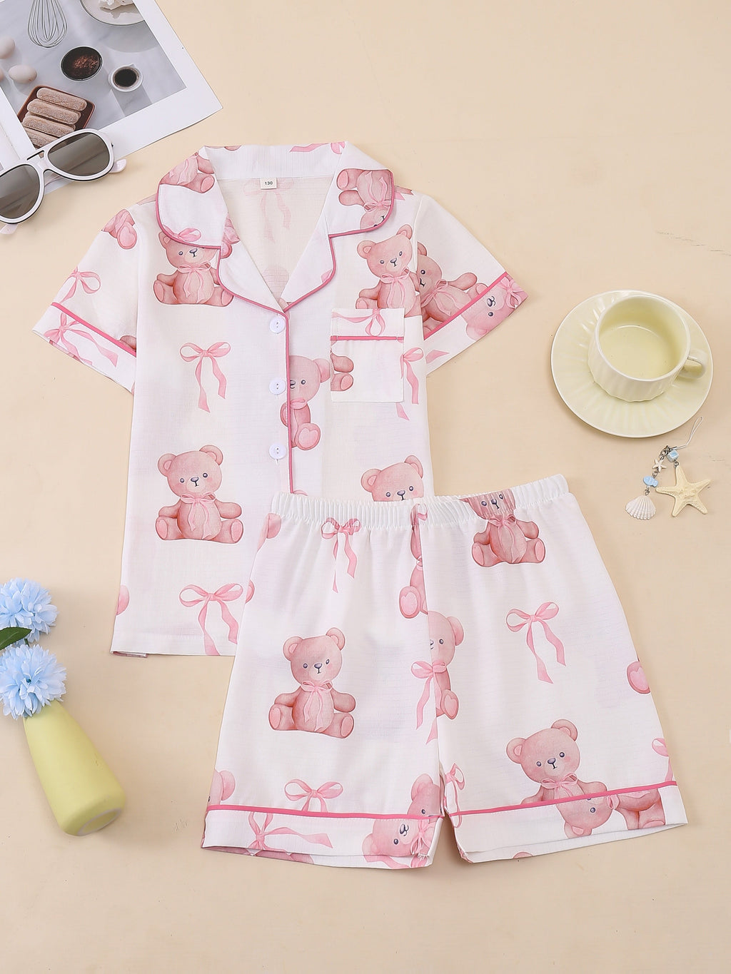 Girls' Short Sleeve Pajama Set with Button Front Shirt and Shorts in a Random Heart or Bear Print