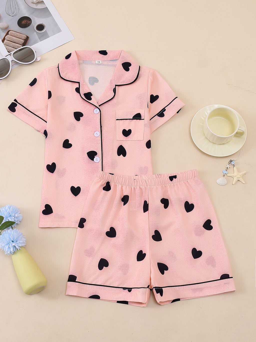 Girls' Short Sleeve Pajama Set with Button Front Shirt and Shorts in a Random Heart or Bear Print