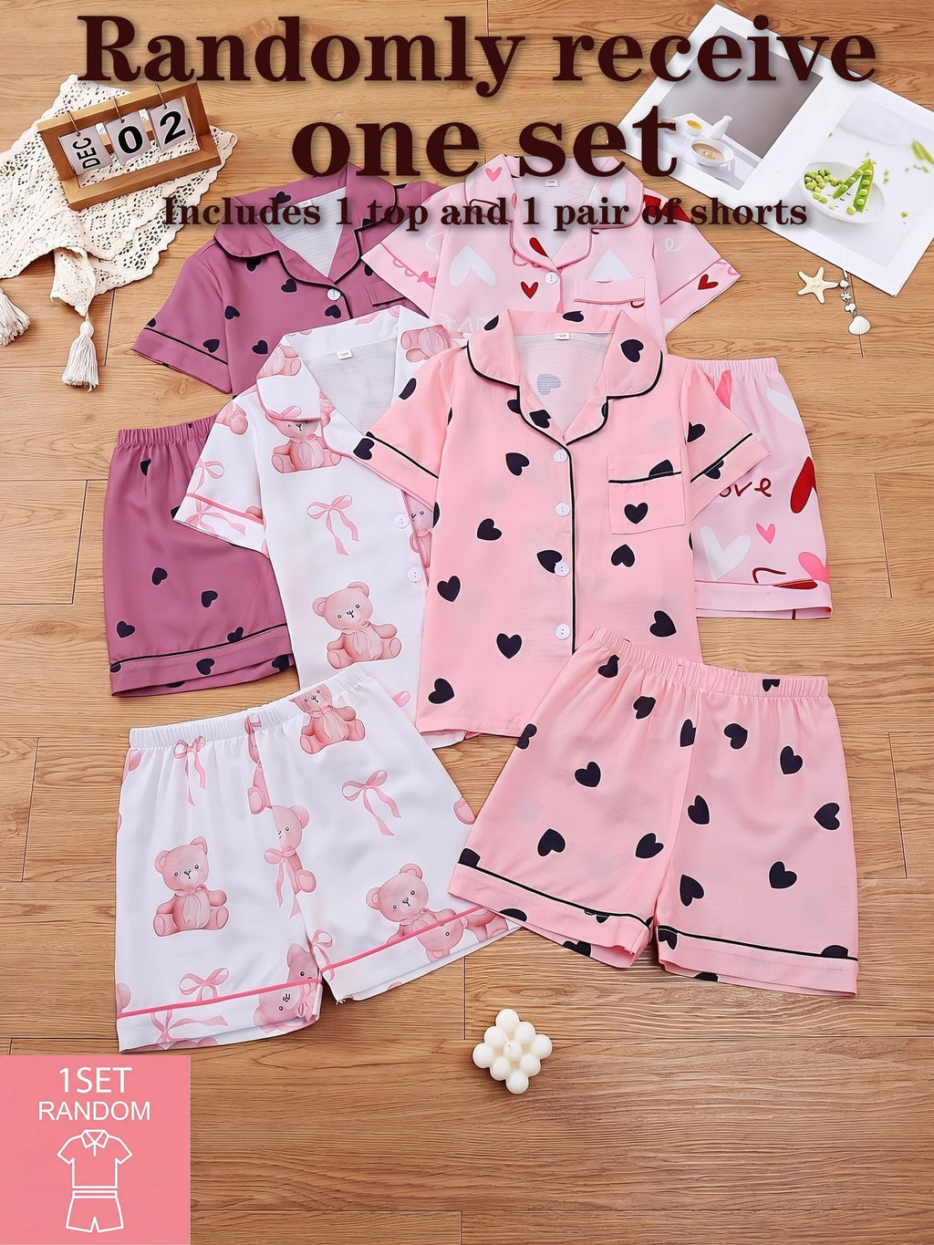 Girls' Short Sleeve Pajama Set with Button Front Shirt and Shorts in a Random Heart or Bear Print
