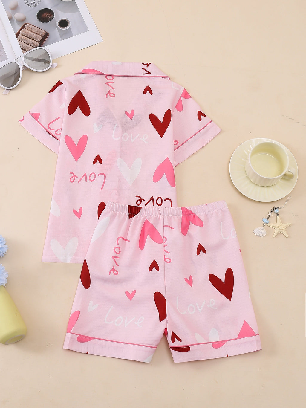 Girls' Short Sleeve Pajama Set with Button Front Shirt and Shorts in a Random Heart or Bear Print