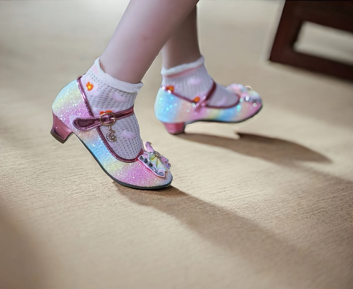Girls' Iridescent Dress Shoes with Pastel Rainbow Sparkle and Bow Details for Parties and Celebrations