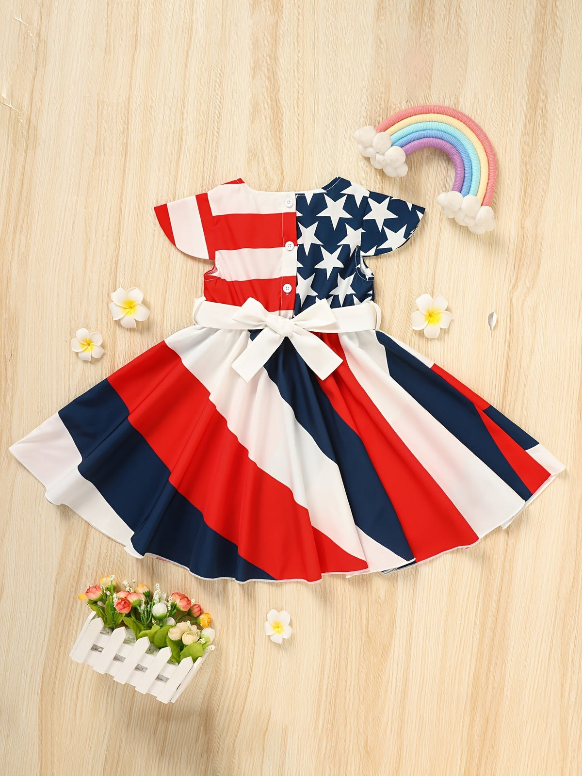 Girls' Stars and Stripes Twirl Dress in Red White and Blue with Short Sleeves for Fourth of July Outfits