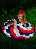 Girls' Stars and Stripes Twirl Dress in Red White and Blue with Short Sleeves for Fourth of July Outfits