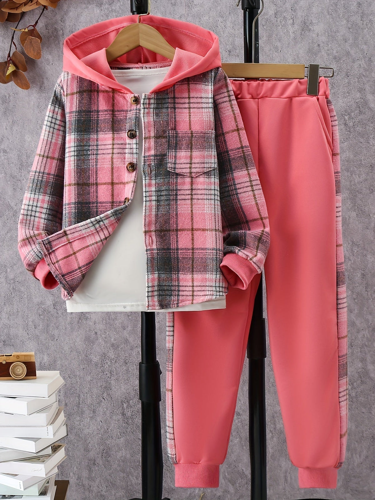 Girls' Plaid Outfit Set with a Hooded Button-Front Shirt and Matching Jogger Pants for Fall Casual Wear