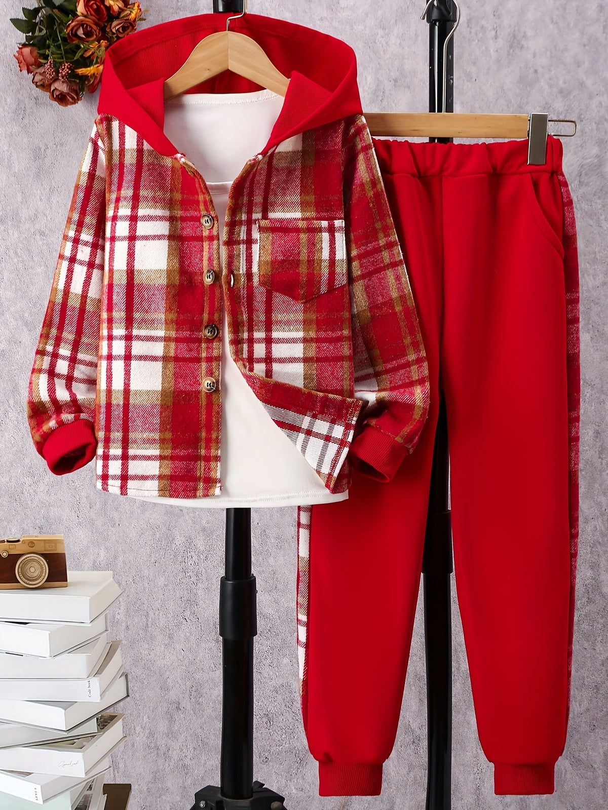 Girls' Plaid Outfit Set with a Hooded Button-Front Shirt and Matching Jogger Pants for Fall Casual Wear