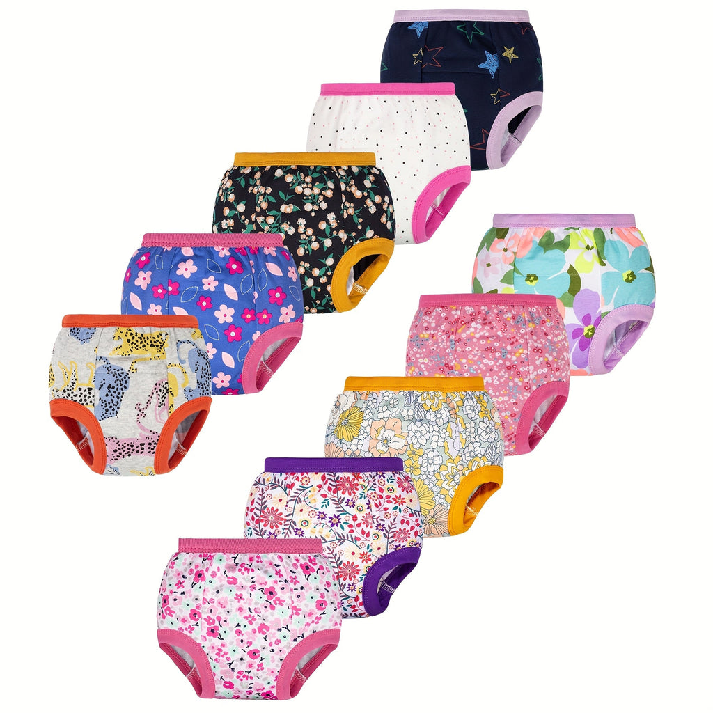 Girls' Ten-Pack Floral Potty Training Pants with Cotton Outer and Lining Layers for Daytime Changes