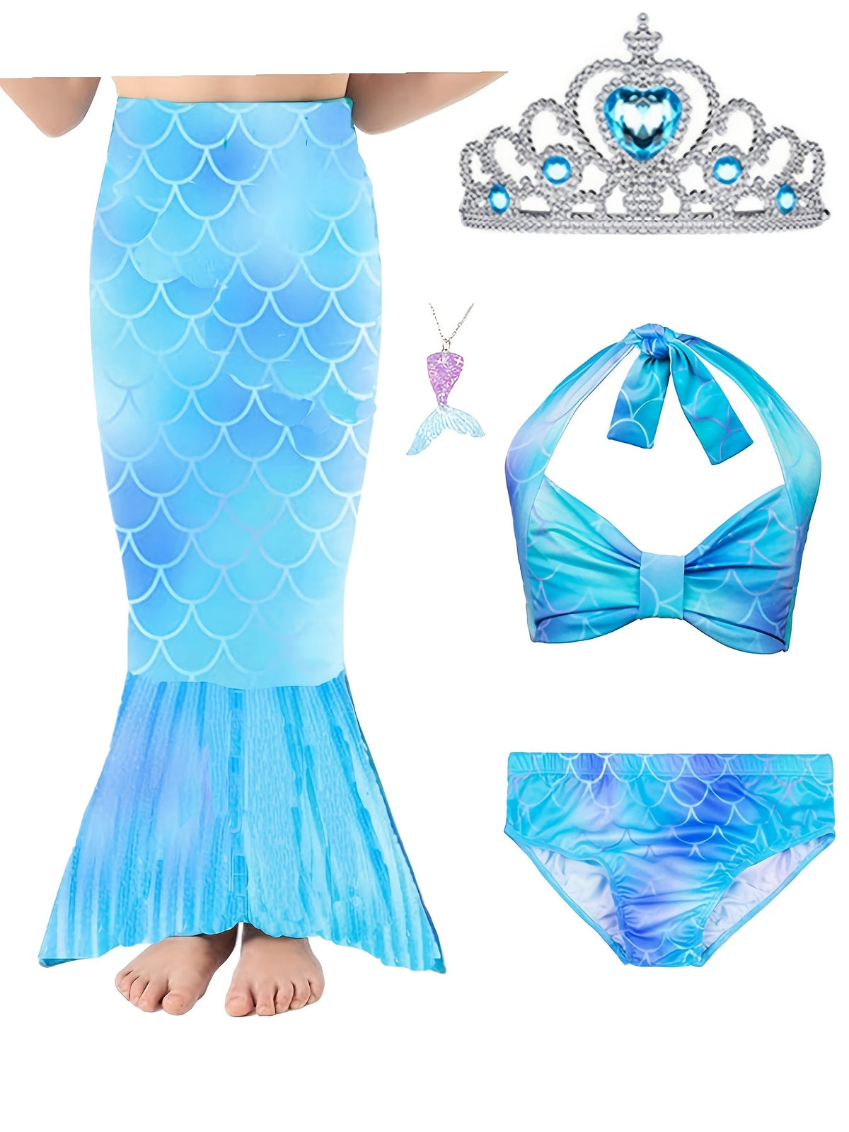 Girls' Mermaid Tail Costume 5-Piece Set with Matching Top and Briefs for Imaginative Dress-Up