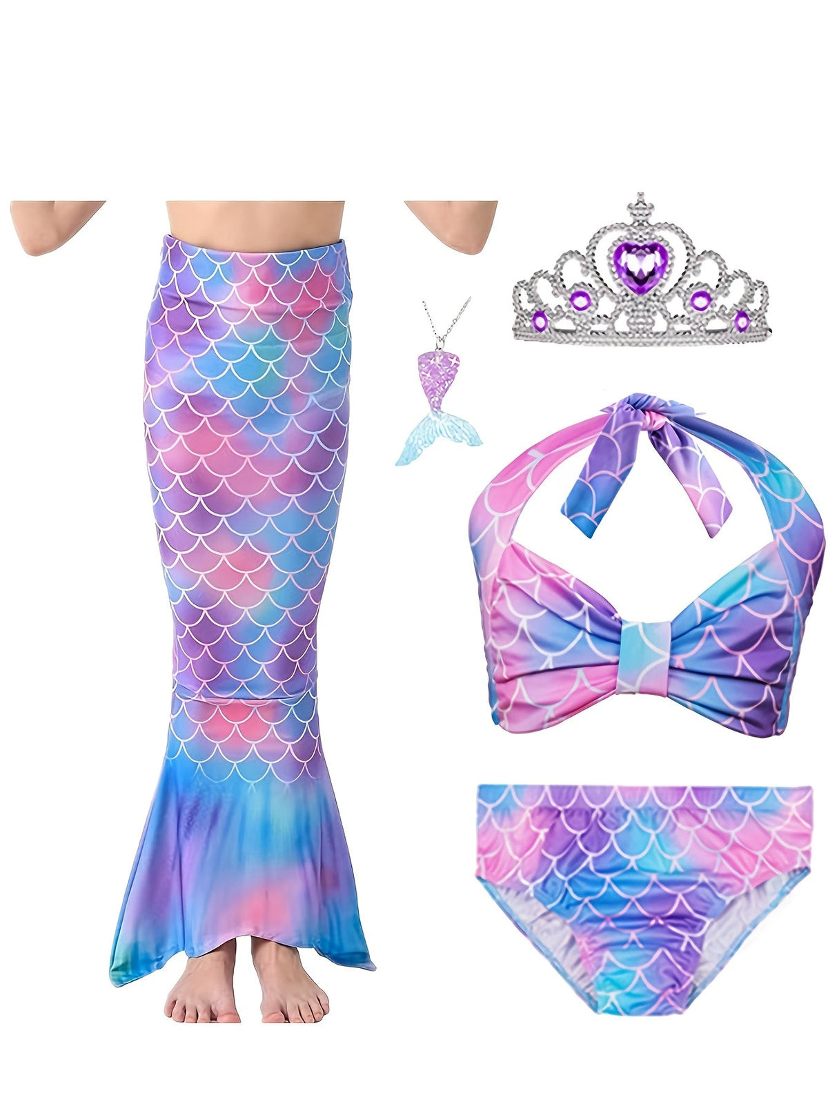 Girls' Mermaid Tail Costume 5-Piece Set with Matching Top and Briefs for Imaginative Dress-Up