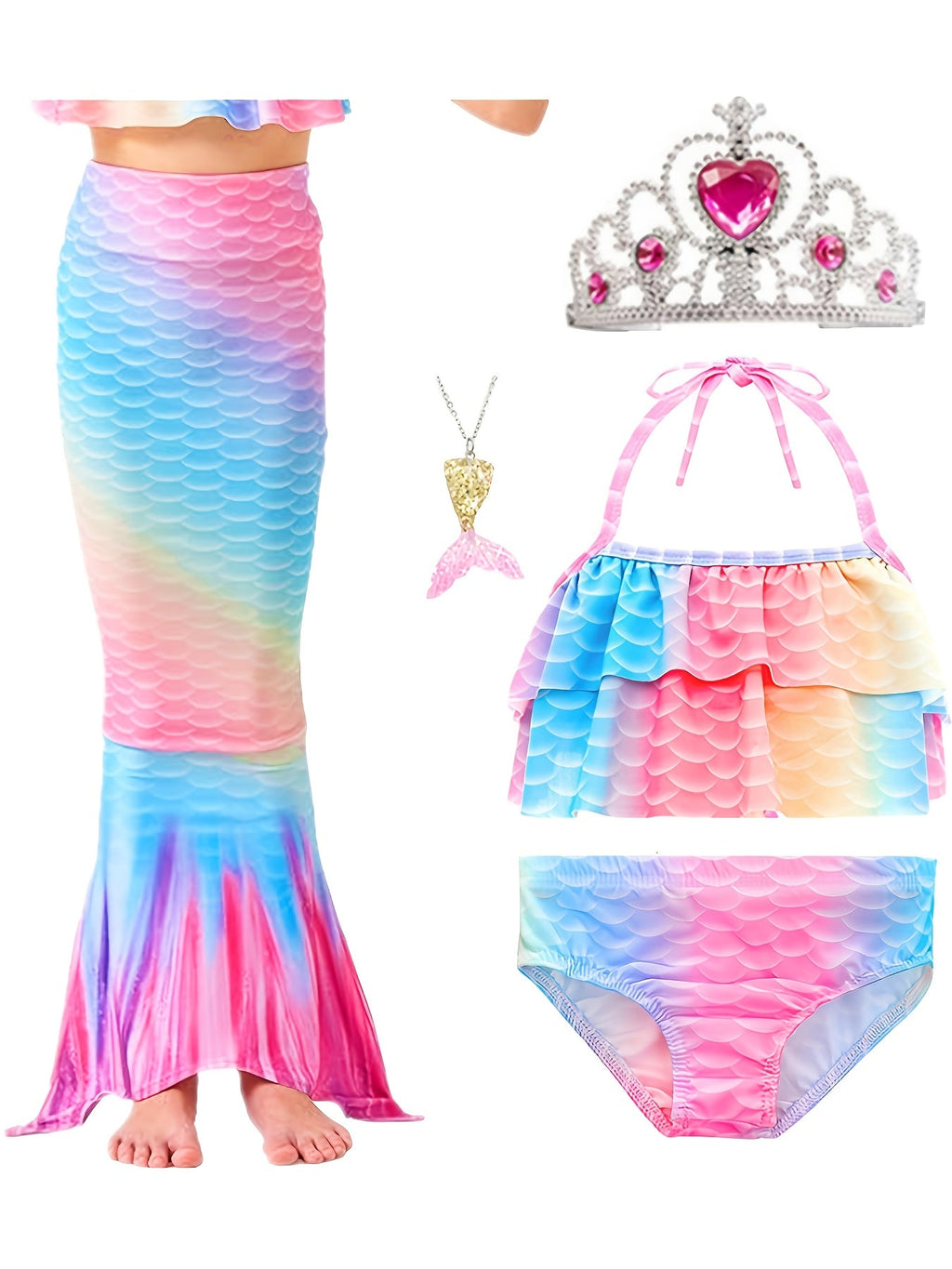 Girls' Mermaid Tail Costume 5-Piece Set with Matching Top and Briefs for Imaginative Dress-Up