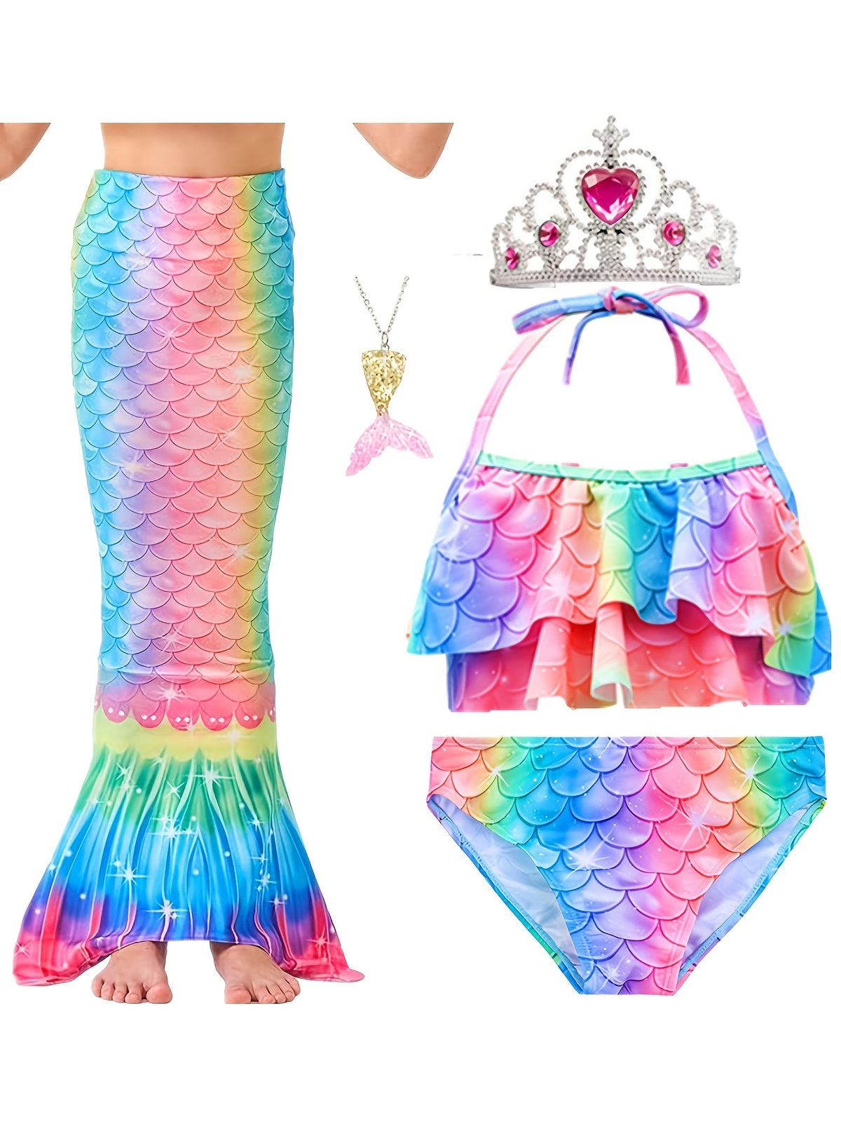 Girls' Mermaid Tail Costume 5-Piece Set with Matching Top and Briefs for Imaginative Dress-Up