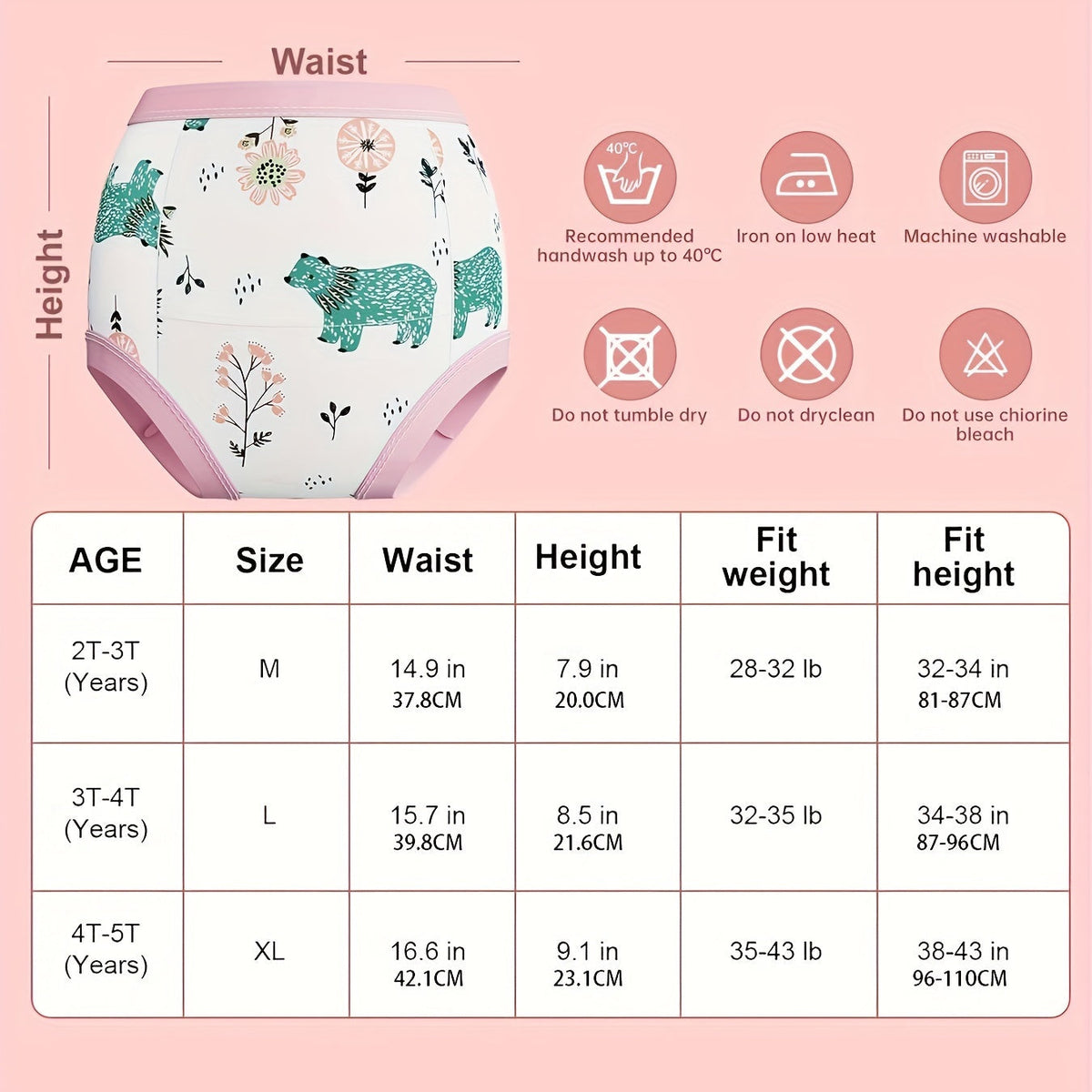 Toddler Training Pants for Girls with Animal Prints and Pink Elastic Trim for Potty Training Practice