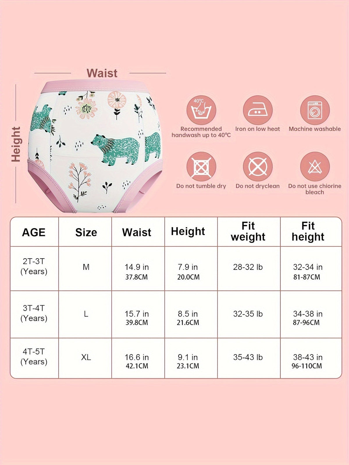 Toddler Training Pants for Girls with Animal Prints and Pink Elastic Trim for Potty Training Practice
