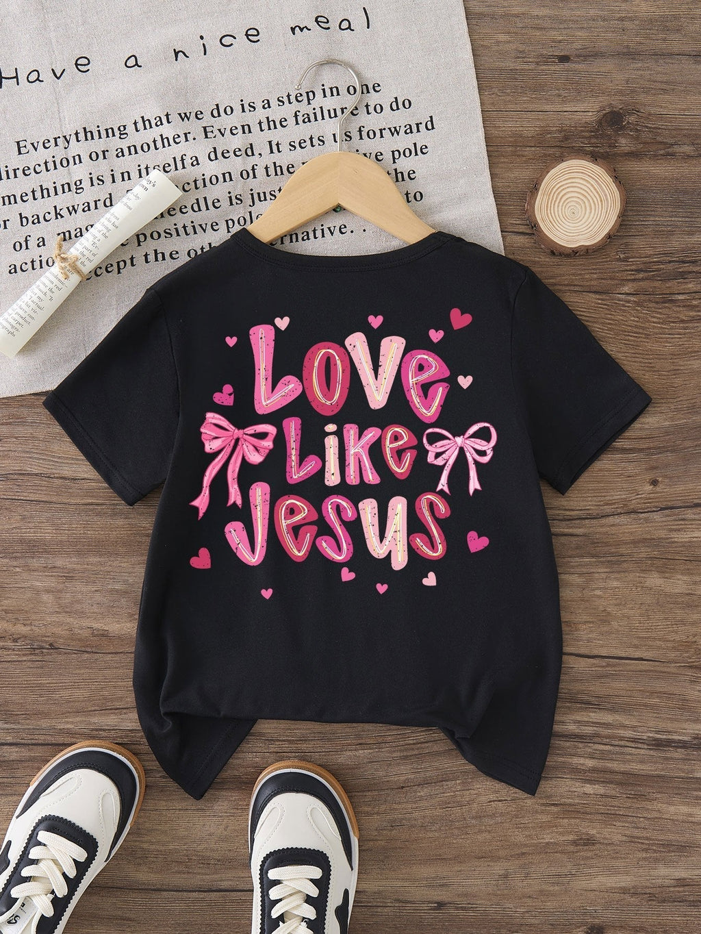 Girls' Love Like Jesus Cotton T-Shirt in Black with Pink Bow and Heart Graphics for Casual Outfits