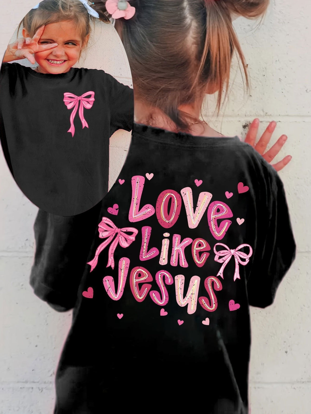 Girls' Love Like Jesus Cotton T-Shirt in Black with Pink Bow and Heart Graphics for Casual Outfits
