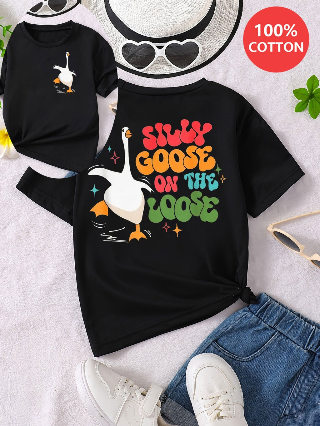Girls' Silly Goose Graphic Cotton T-Shirt with Colorful Front and Back Prints for Everyday Outfits