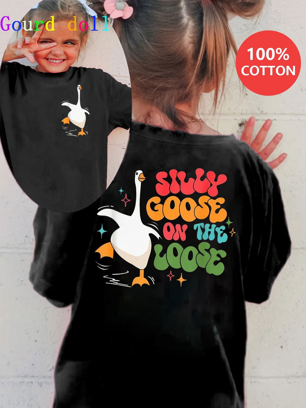 Girls' Silly Goose Graphic Cotton T-Shirt with Colorful Front and Back Prints for Everyday Outfits