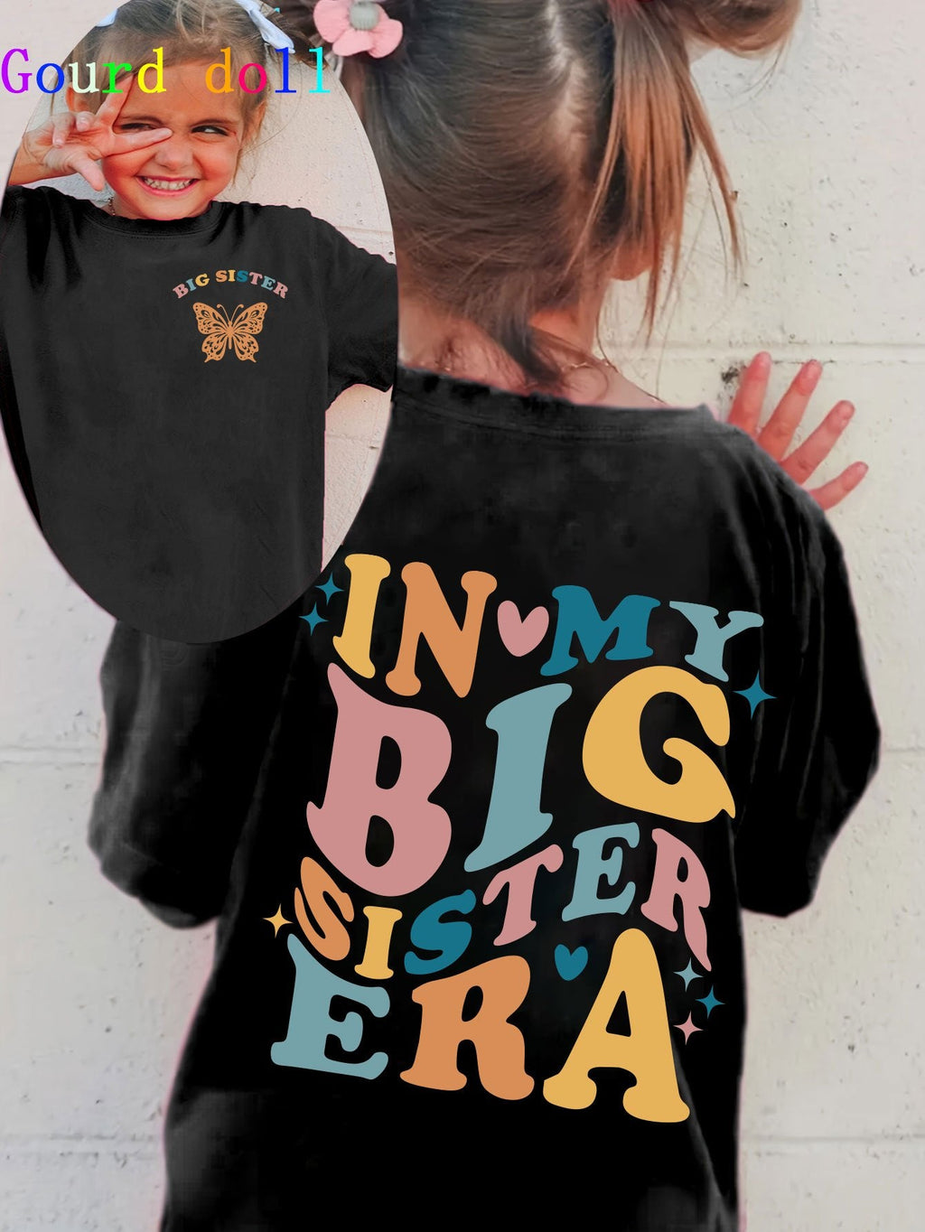 Girls' In My Big Sister Era T-Shirt in Black with a Butterfly Chest Print and Colorful Back Lettering