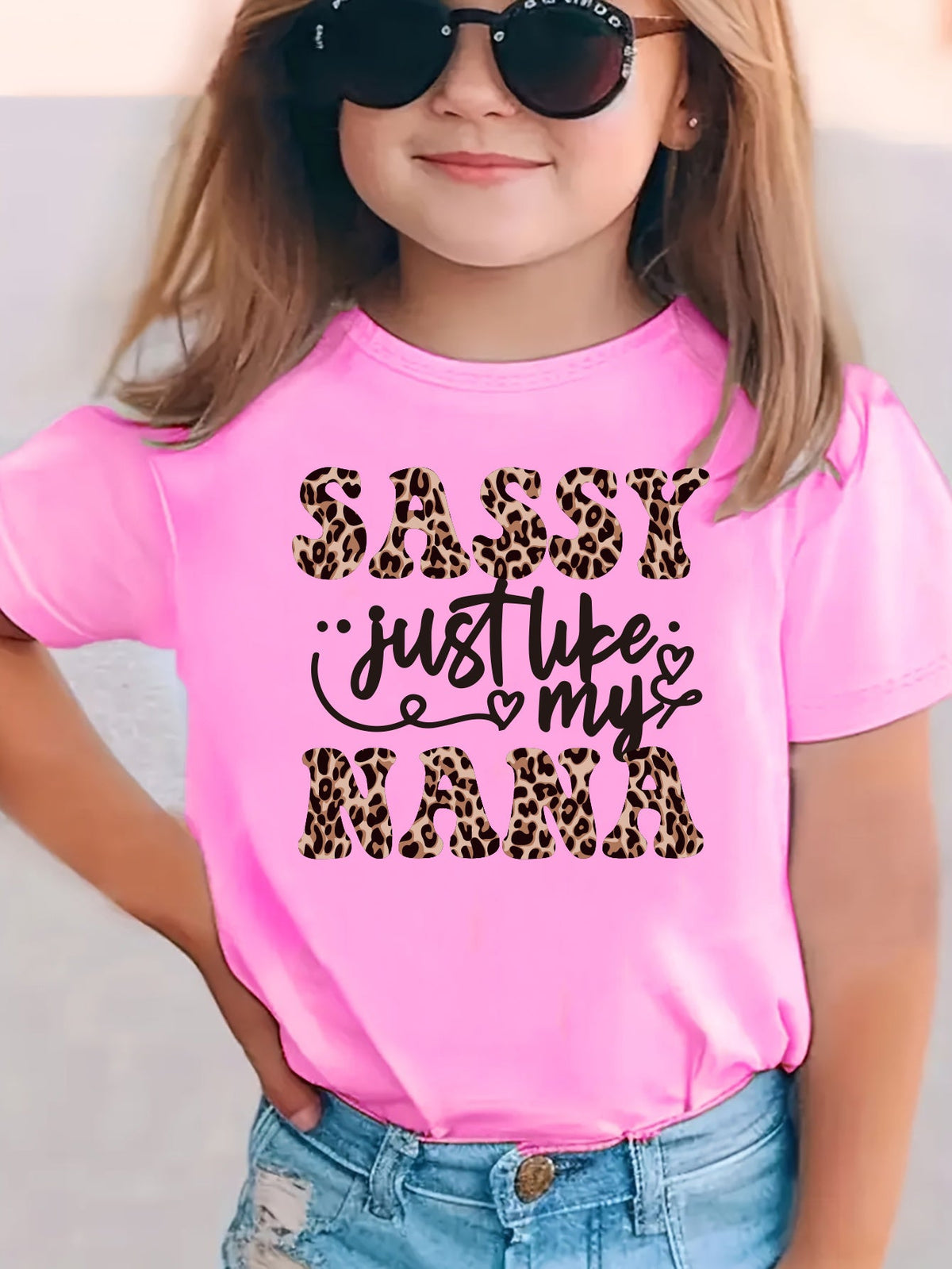 Girls' Sassy Just Like My Nana Cotton T-Shirt in Rose Red with Leopard Print Lettering and Short Sleeves