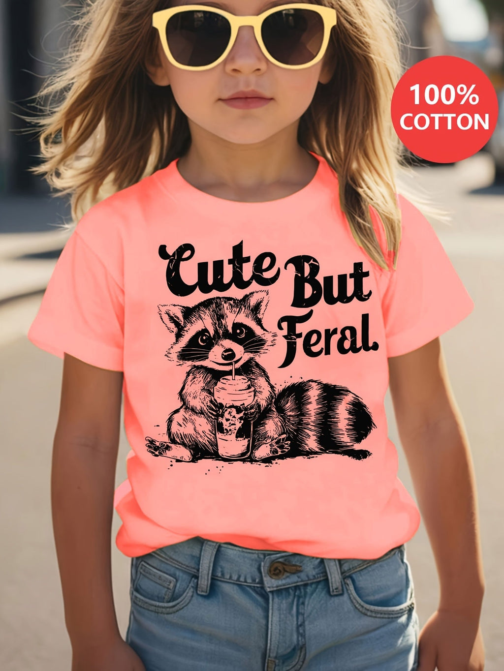 Girls' Cute But Feral Raccoon Cotton T-Shirt in Pink with a Milk Tea Graphic for Casual Summer Outfits