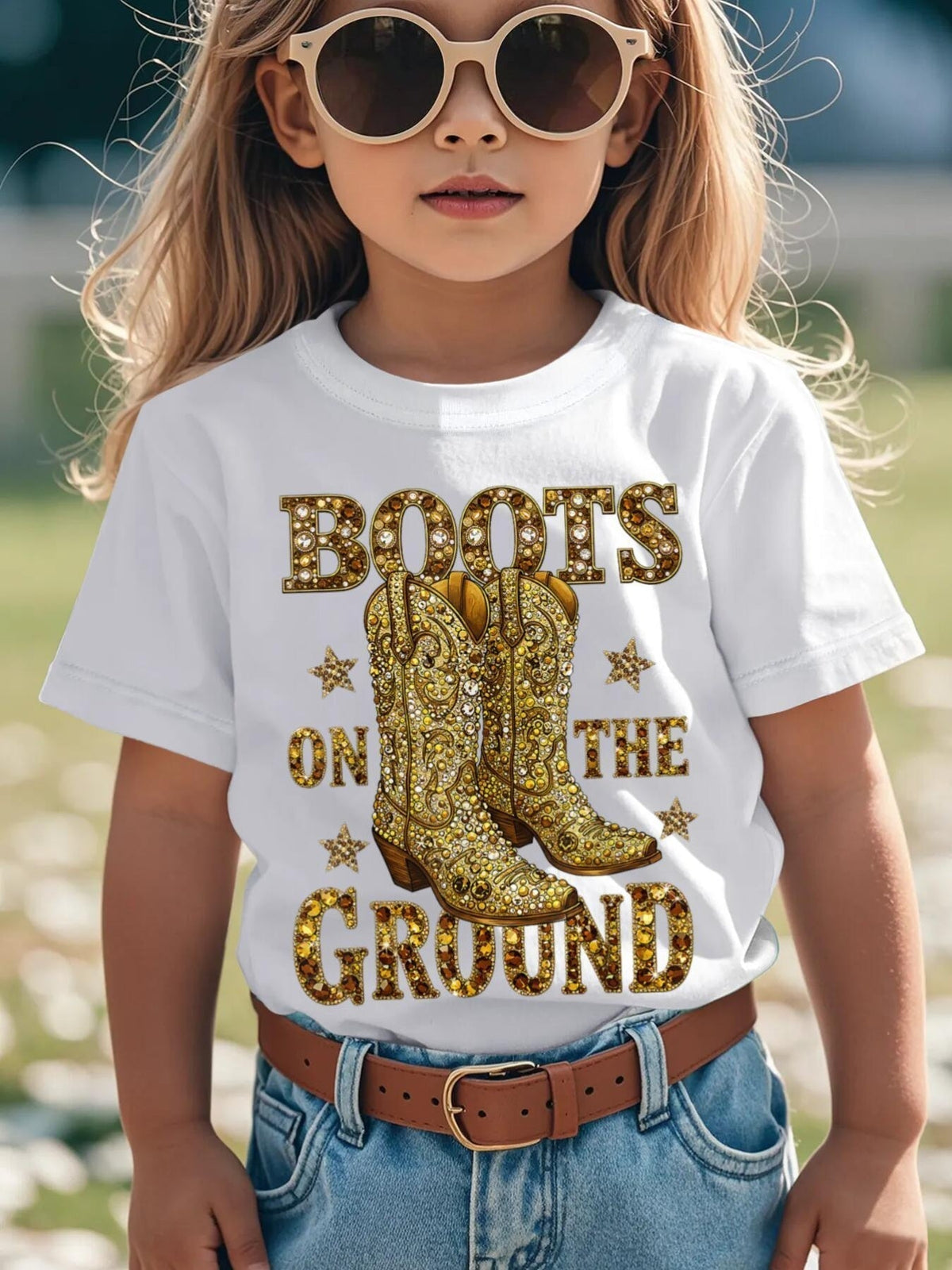 Girls' Boots on the Ground T-Shirt in White with Gold Tone Western Boot Artwork for Casual Outfits