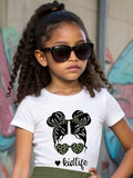 Girls' White Cotton Kidlife Graphic T-Shirt with Hair Buns and Leopard Sunglasses for Casual Summer Wear