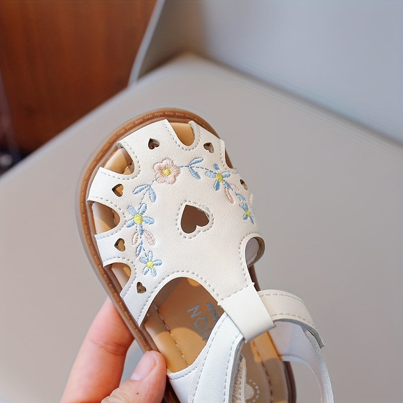 Girls' Beige Closed Toe Sandals with Floral Designs and Heart Cutouts for Sweet Summer Outfits