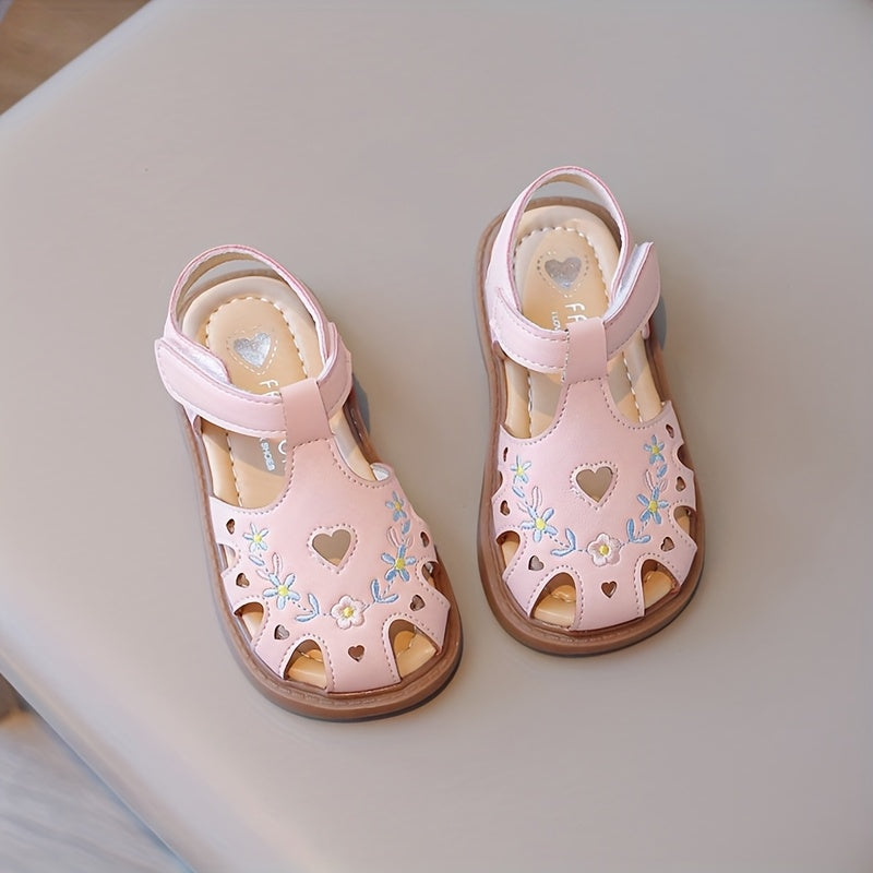 Girls' Beige Closed Toe Sandals with Floral Designs and Heart Cutouts for Sweet Summer Outfits