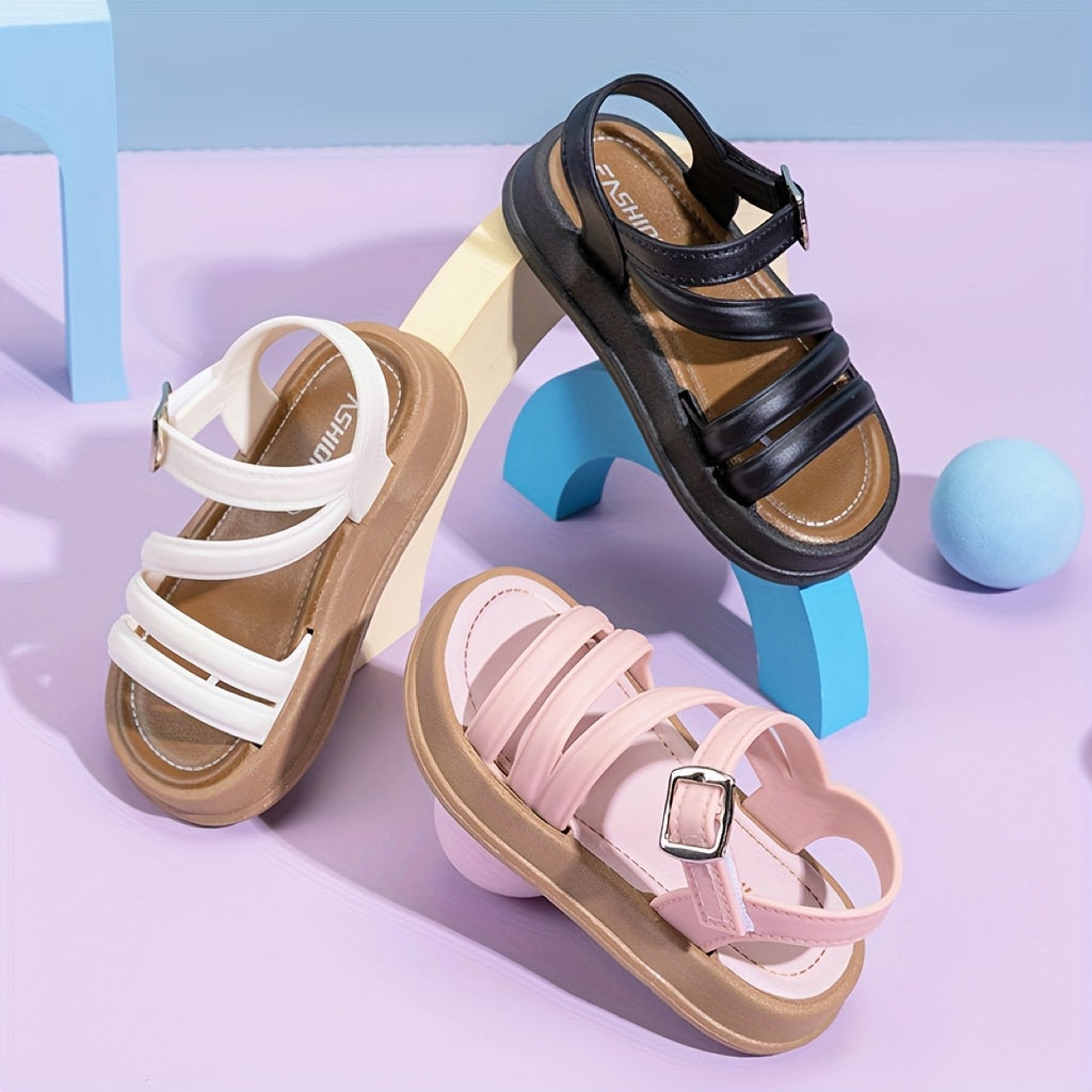 Girls' Sandals with Diagonal Front Straps and Ankle Buckles in Black, Pink or White for Summer Outfits