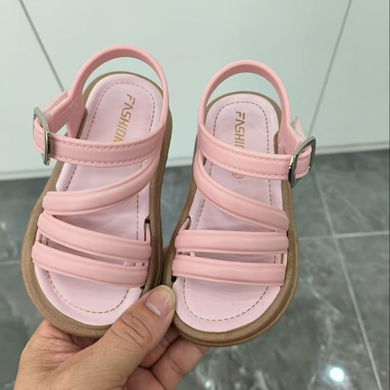 Girls' Sandals with Diagonal Front Straps and Ankle Buckles in Black, Pink or White for Summer Outfits