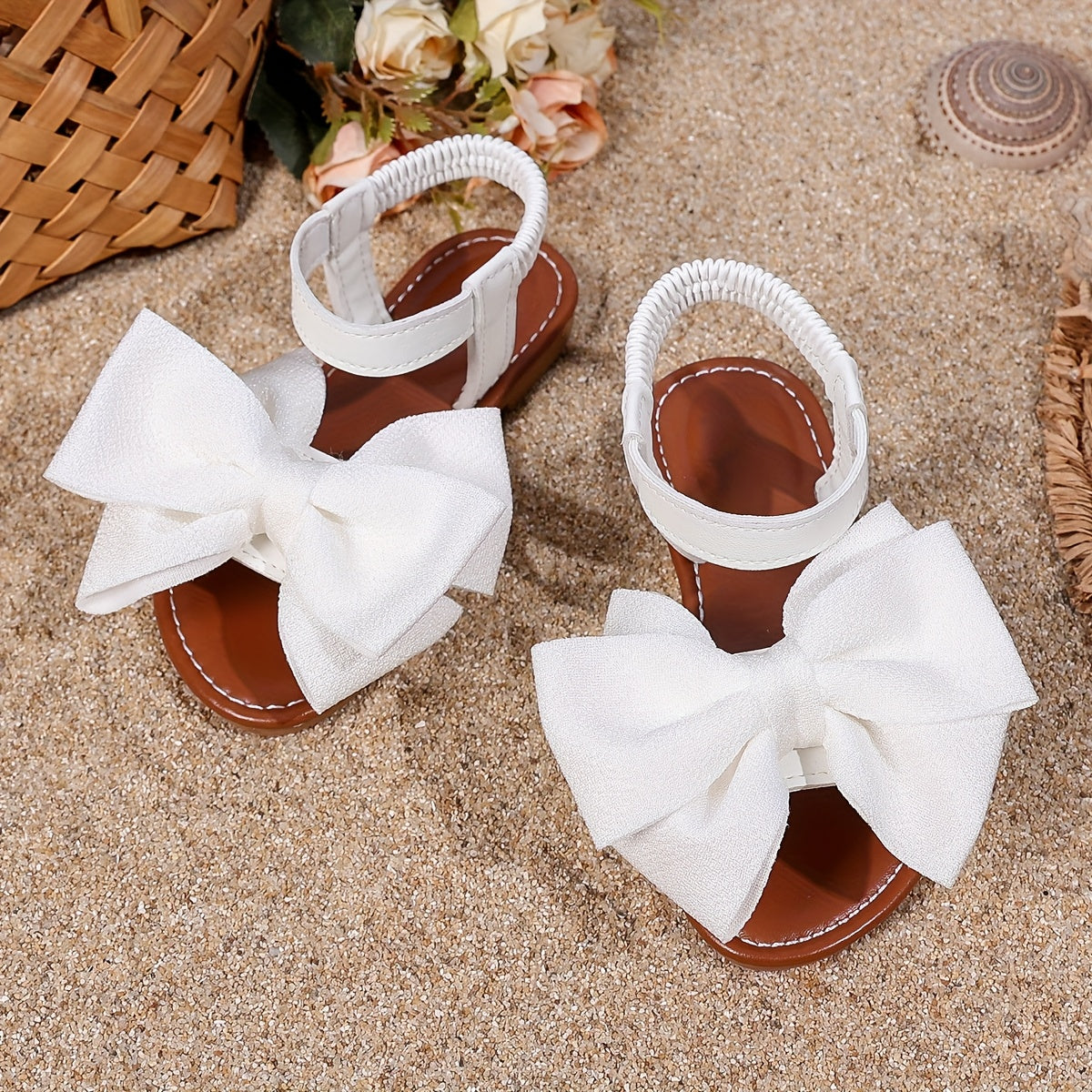 Girls' Flat Bow Sandals with Elastic Back Strap in Black or White for Summer Dresses and Casual Outfits