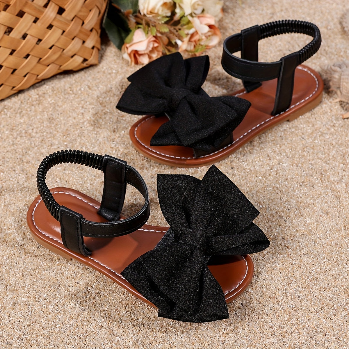 Girls' Flat Bow Sandals with Elastic Back Strap in Black or White for Summer Dresses and Casual Outfits