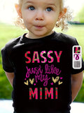 Girls' Sassy Just Like My Mimi Cotton T-Shirt in Black with Pink Leopard Lettering and Heart Graphics