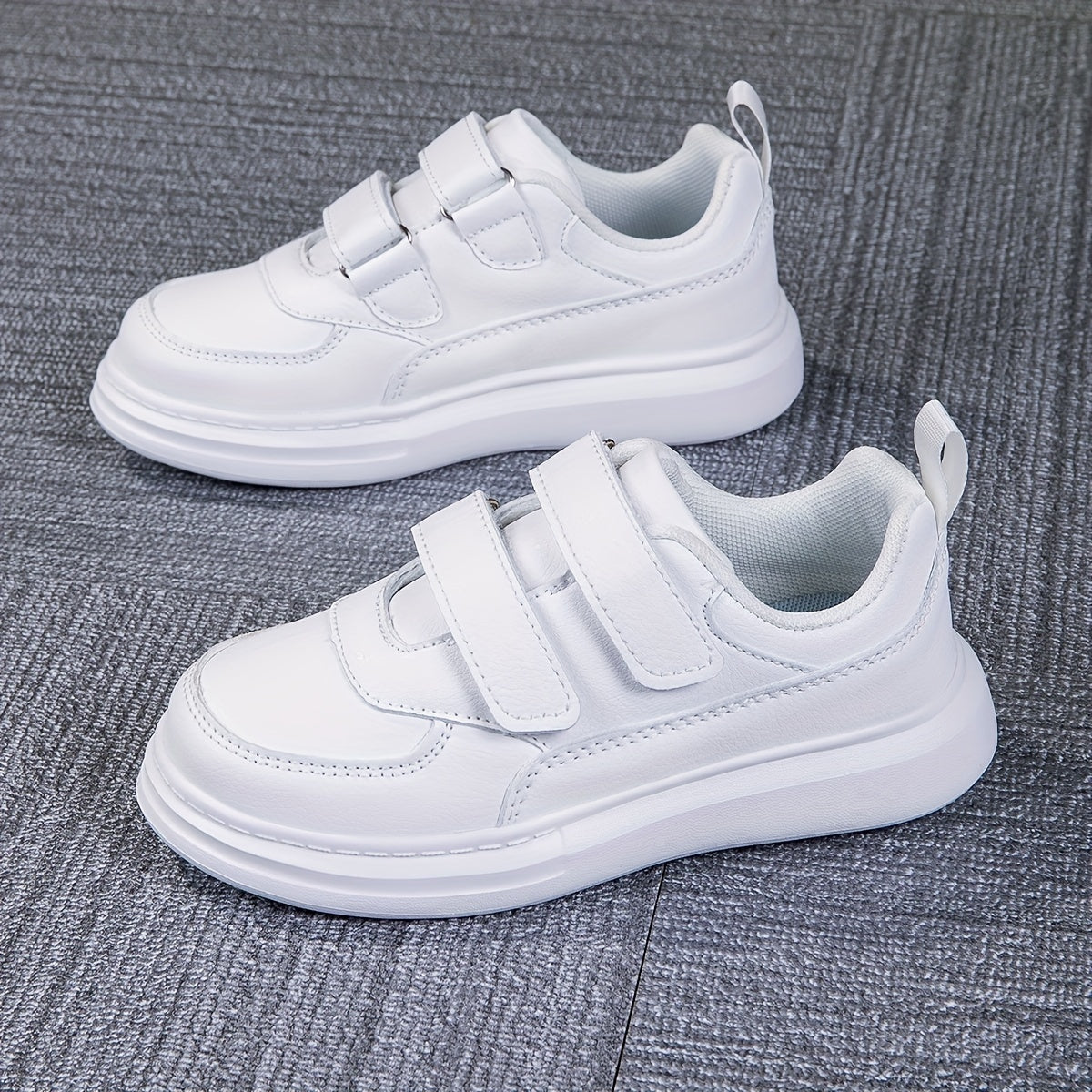 Double Strap Sneakers for Girls with Plain Paneled Uppers and Rear Pull Loops in White or Black