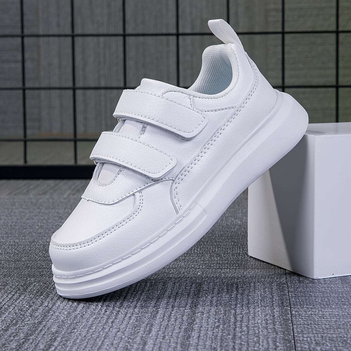 Double Strap Sneakers for Girls with Plain Paneled Uppers and Rear Pull Loops in White or Black