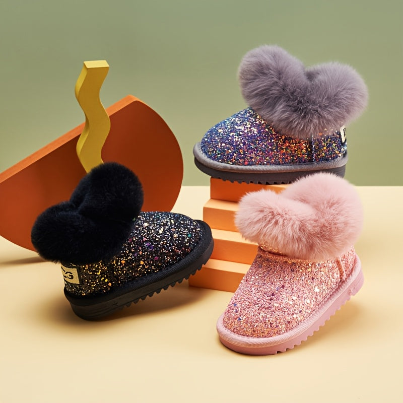 Girls' Glitter Snow Boots with Fluffy Cuffs and Rounded Toes in Black, Pink or Purple for Winter Wear