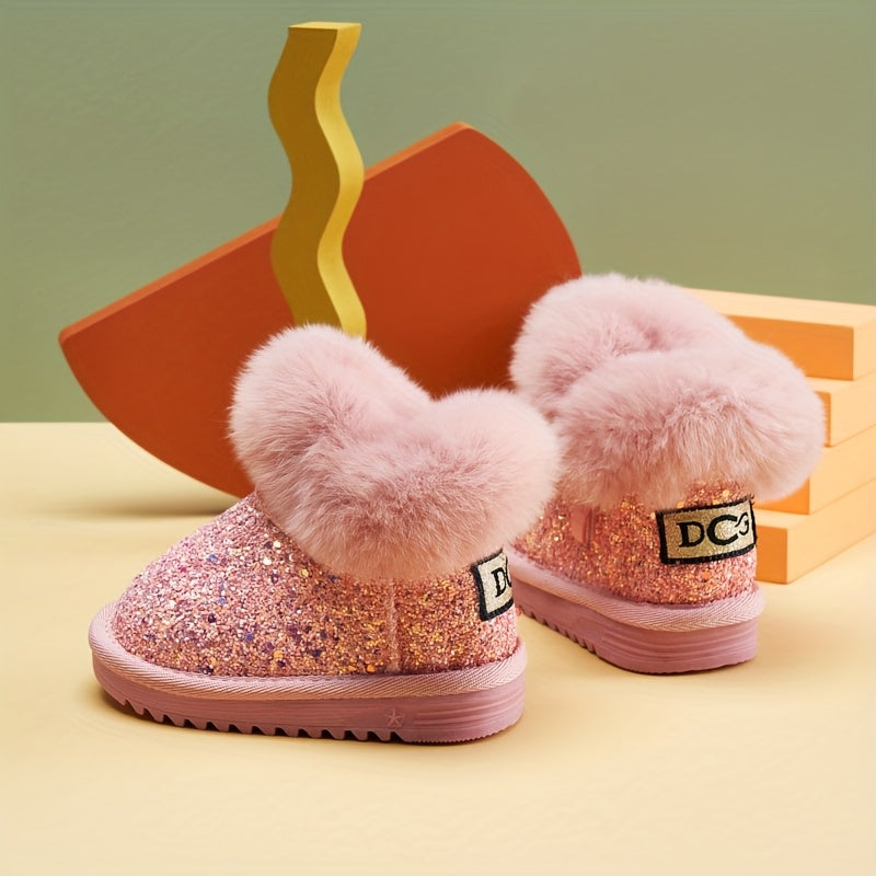 Girls' Glitter Snow Boots with Fluffy Cuffs and Rounded Toes in Black, Pink or Purple for Winter Wear