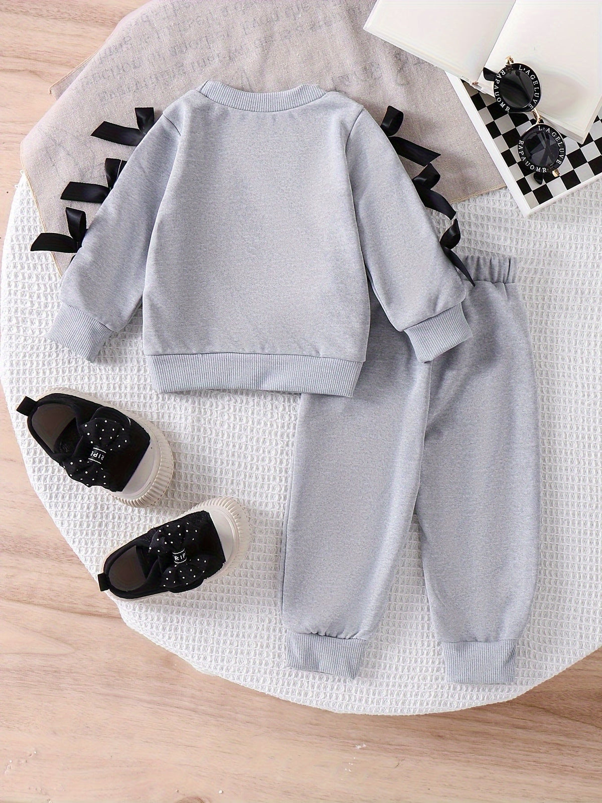 Baby Girls' Gray Sweatshirt and Pants Set with Black Bow Sleeves and Ribbed Cuffs for Everyday Wear