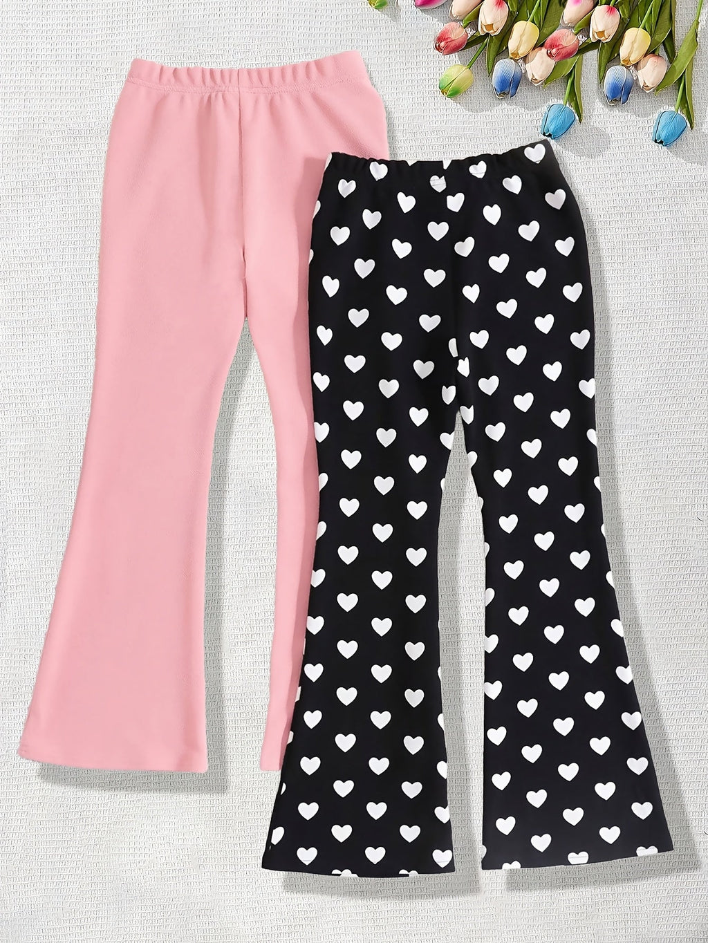 Girls' Flare Pants Two-Pack with Solid Black and Heart Print Designs for Everyday Casual Outfits