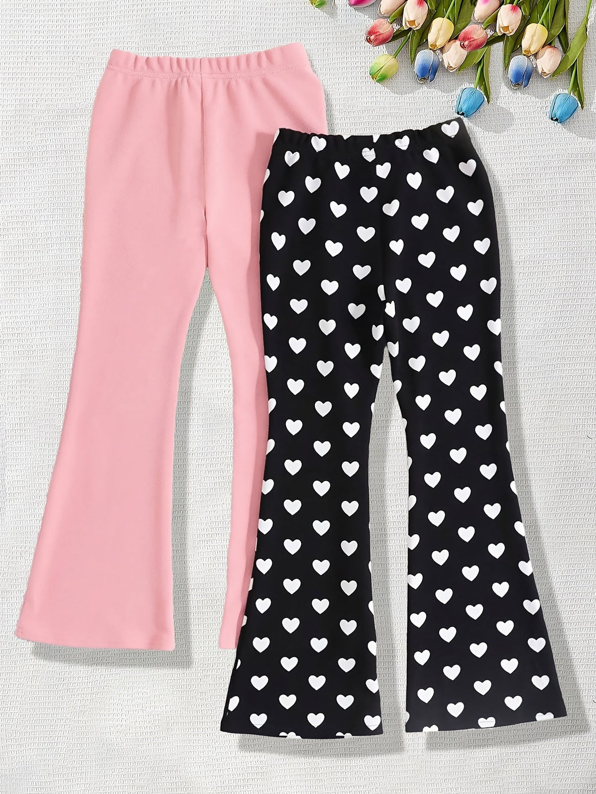 Girls' Flare Pants Two-Pack with Solid Black and Heart Print Designs for Everyday Casual Outfits
