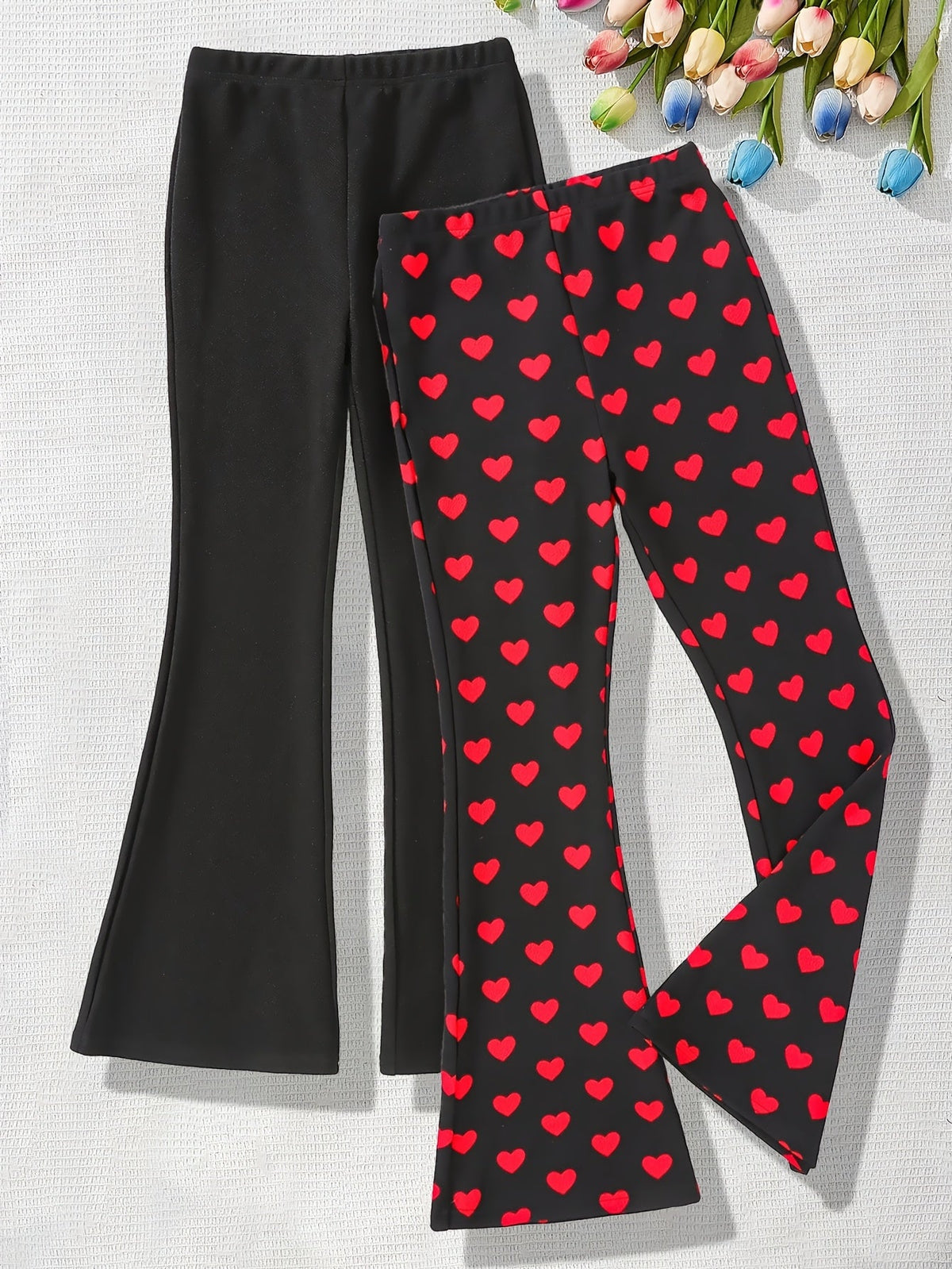 Girls' Flare Pants Two-Pack with Solid Black and Heart Print Designs for Everyday Casual Outfits