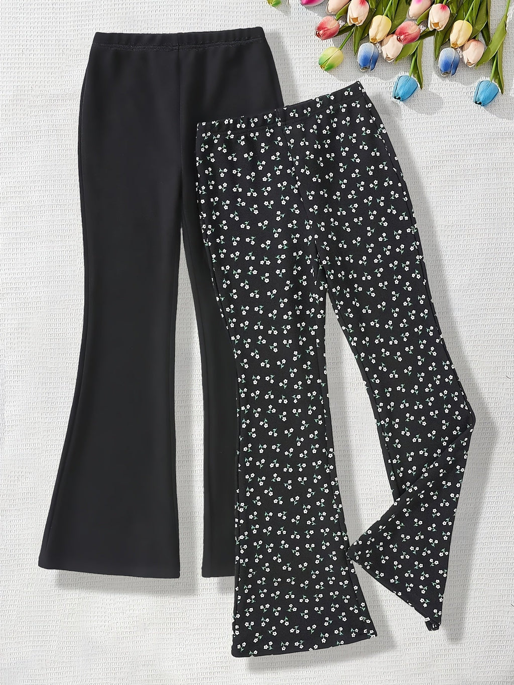 Girls' Flare Pants Two-Pack with Solid Black and Heart Print Designs for Everyday Casual Outfits