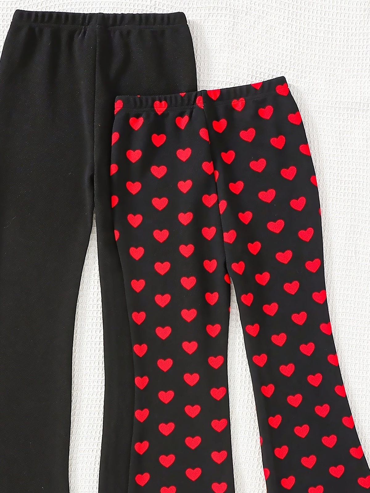 Girls' Flare Pants Two-Pack with Solid Black and Heart Print Designs for Everyday Casual Outfits