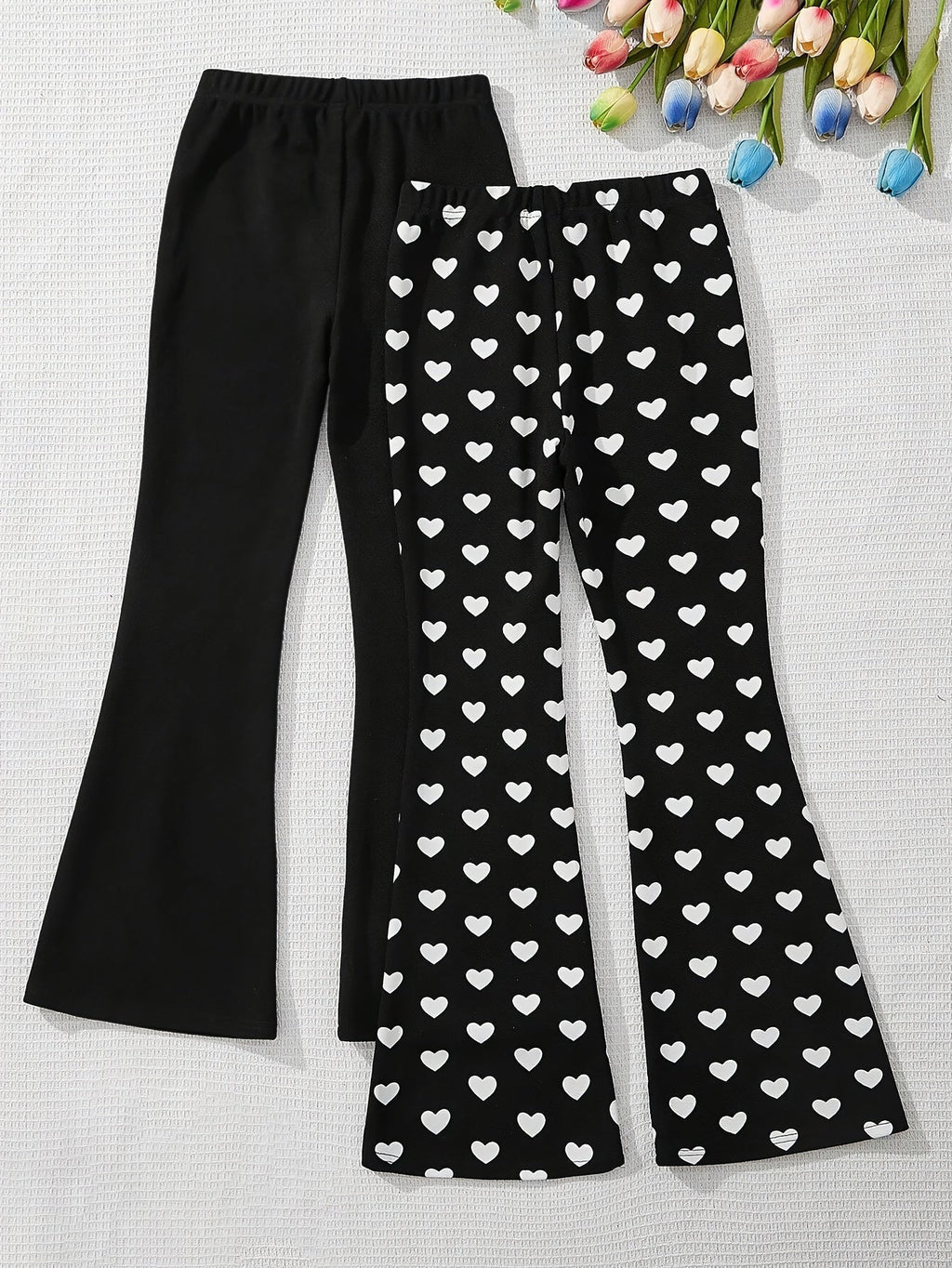 Girls' Flare Pants Two-Pack with Solid Black and Heart Print Designs for Everyday Casual Outfits