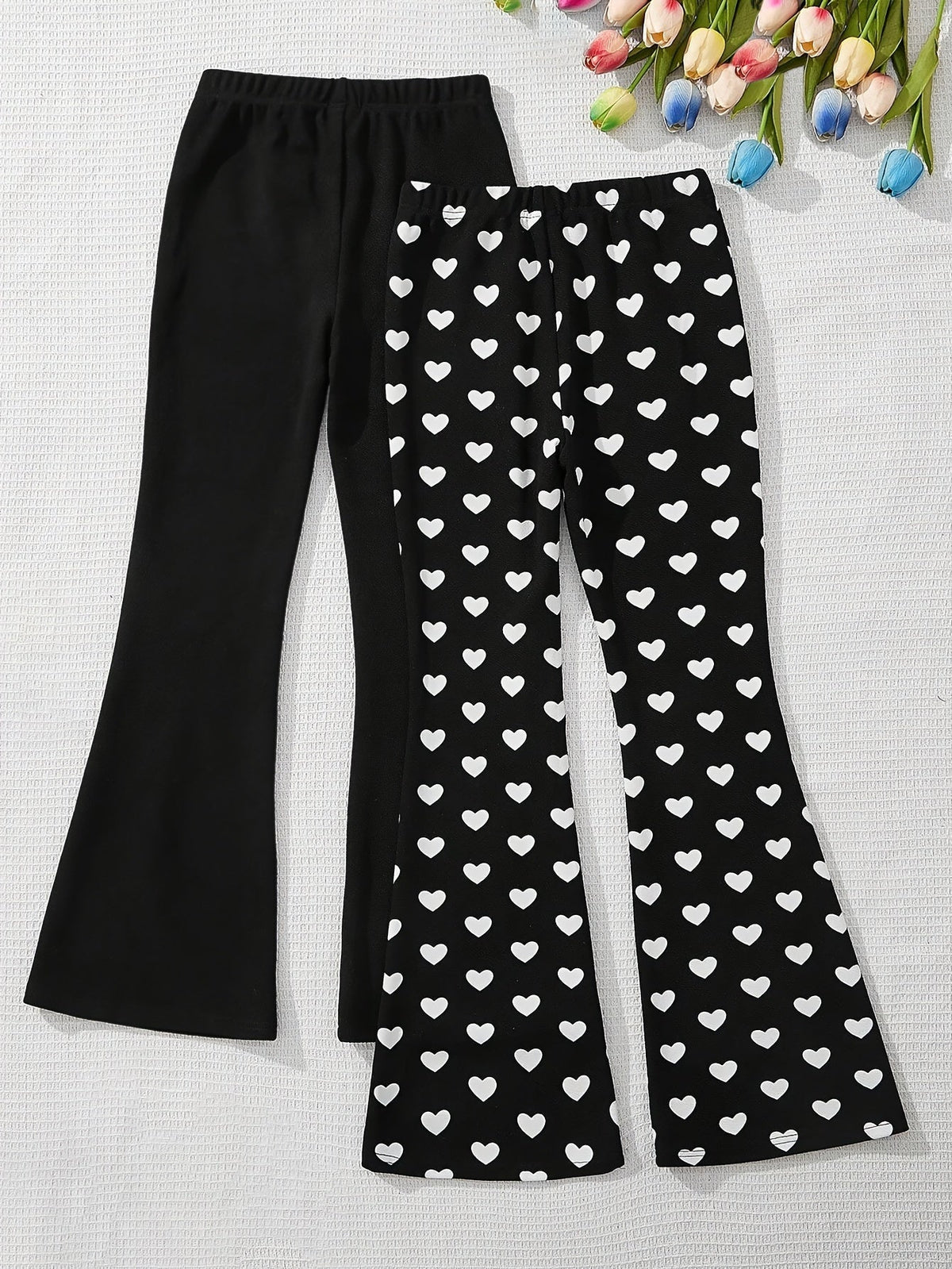 Girls' Flare Pants Two-Pack with Solid Black and Heart Print Designs for Everyday Casual Outfits