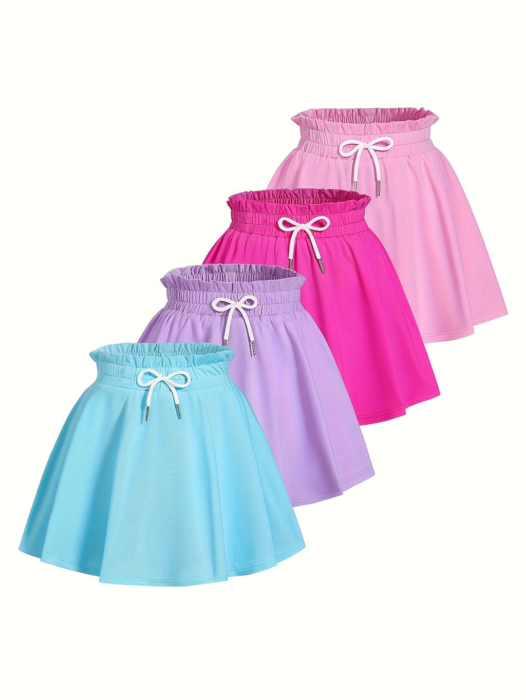 Girls Skorts Four-Pack with Inner Shorts and Drawstring Elastic Waists for Summer Everyday Outfits