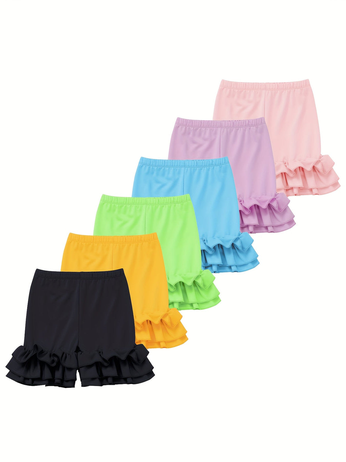 Girls' Ruffle Hem Shorts Six Pack in Solid Colors with Elastic Waists for Playful Summer Outfits