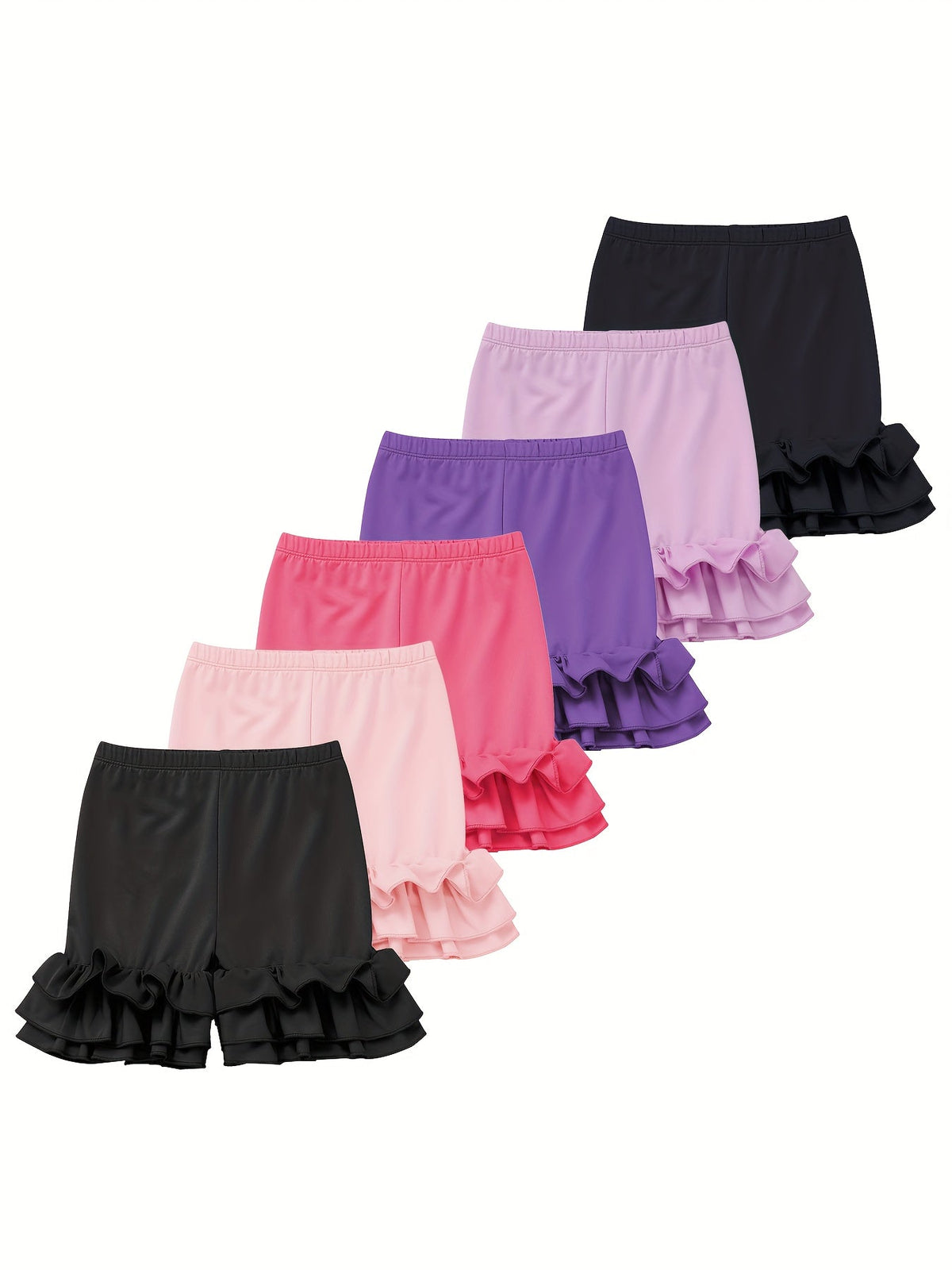 Girls' Ruffle Hem Shorts Six Pack in Solid Colors with Elastic Waists for Playful Summer Outfits